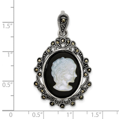 Sterling Silver Antiqued Marcasite Blk Agate and Mop Cameo Pendant