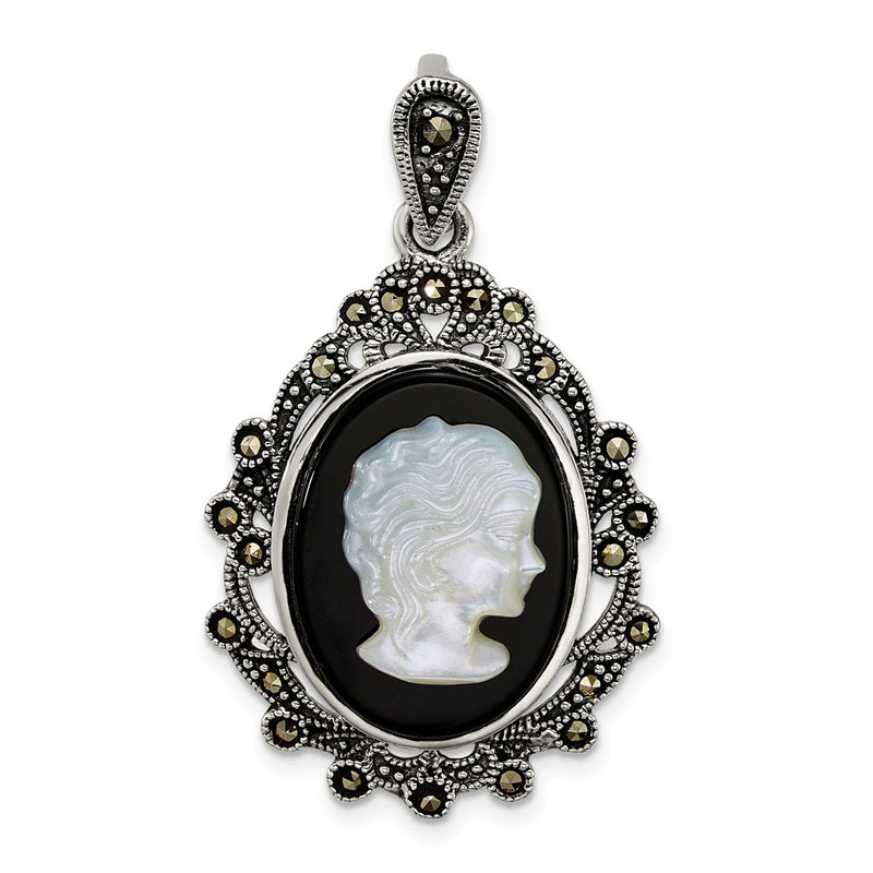 Sterling Silver Antiqued Marcasite Blk Agate and Mop Cameo Pendant