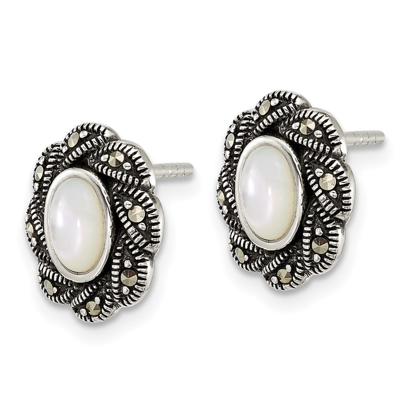 Sterling Silver Antiqued Marcasite and Mop Oval Fancy Post Earrings