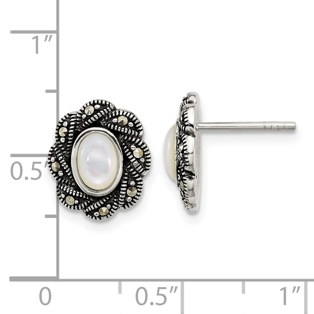 Sterling Silver Antiqued Marcasite and Mop Oval Fancy Post Earrings