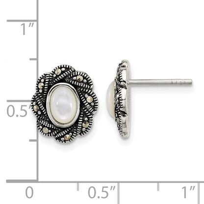 Sterling Silver Antiqued Marcasite and Mop Oval Fancy Post Earrings