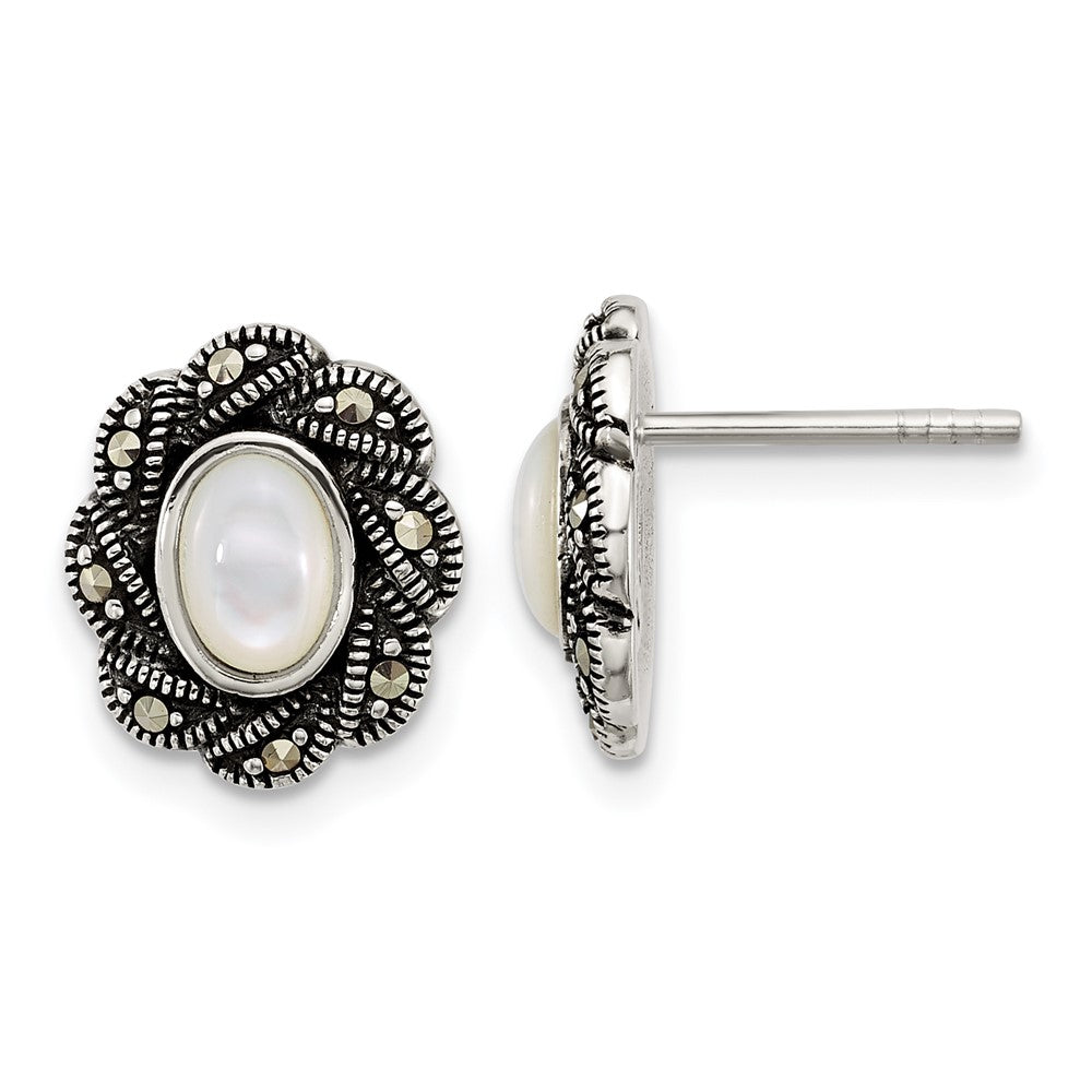 Sterling Silver Antiqued Marcasite and Mop Oval Fancy Post Earrings