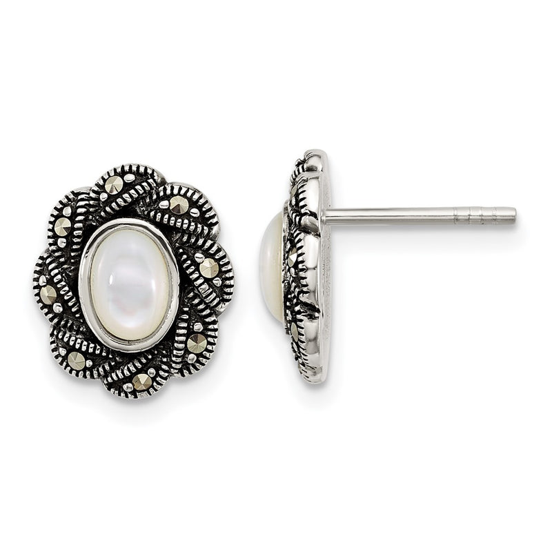 Sterling Silver Antiqued Marcasite and Mop Oval Fancy Post Earrings