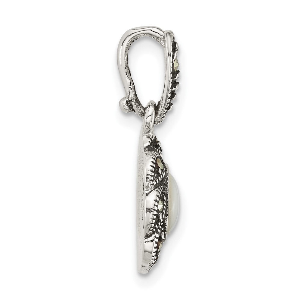 Sterling Silver Antiqued Marcasite and Mop Oval Fancy Pendant