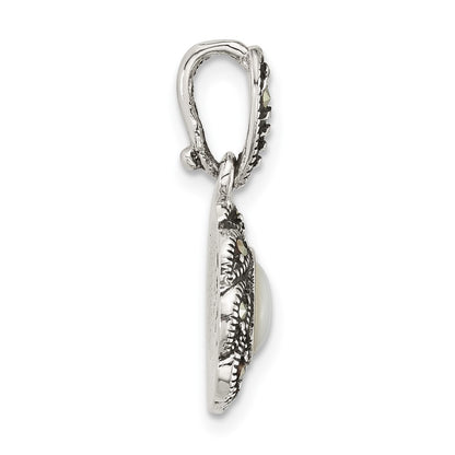 Sterling Silver Antiqued Marcasite and Mop Oval Fancy Pendant