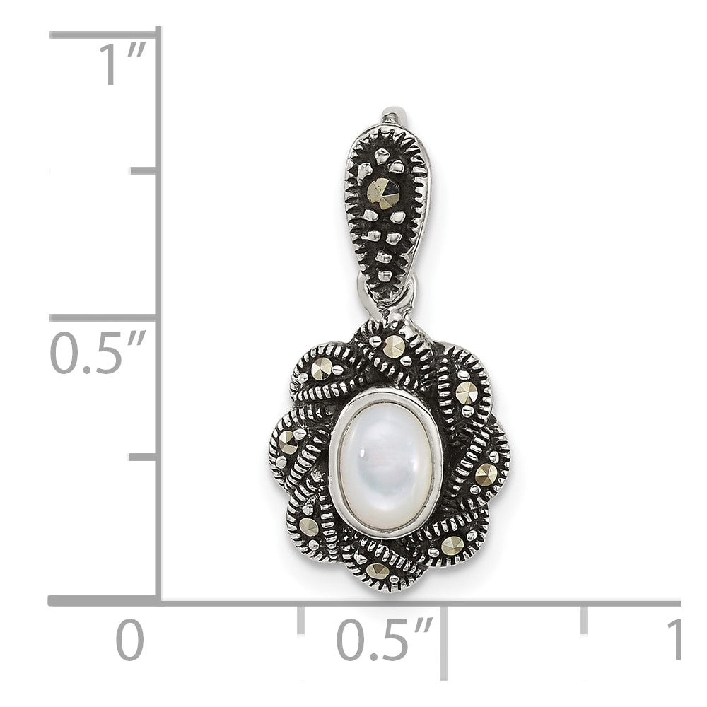 Sterling Silver Antiqued Marcasite and Mop Oval Fancy Pendant