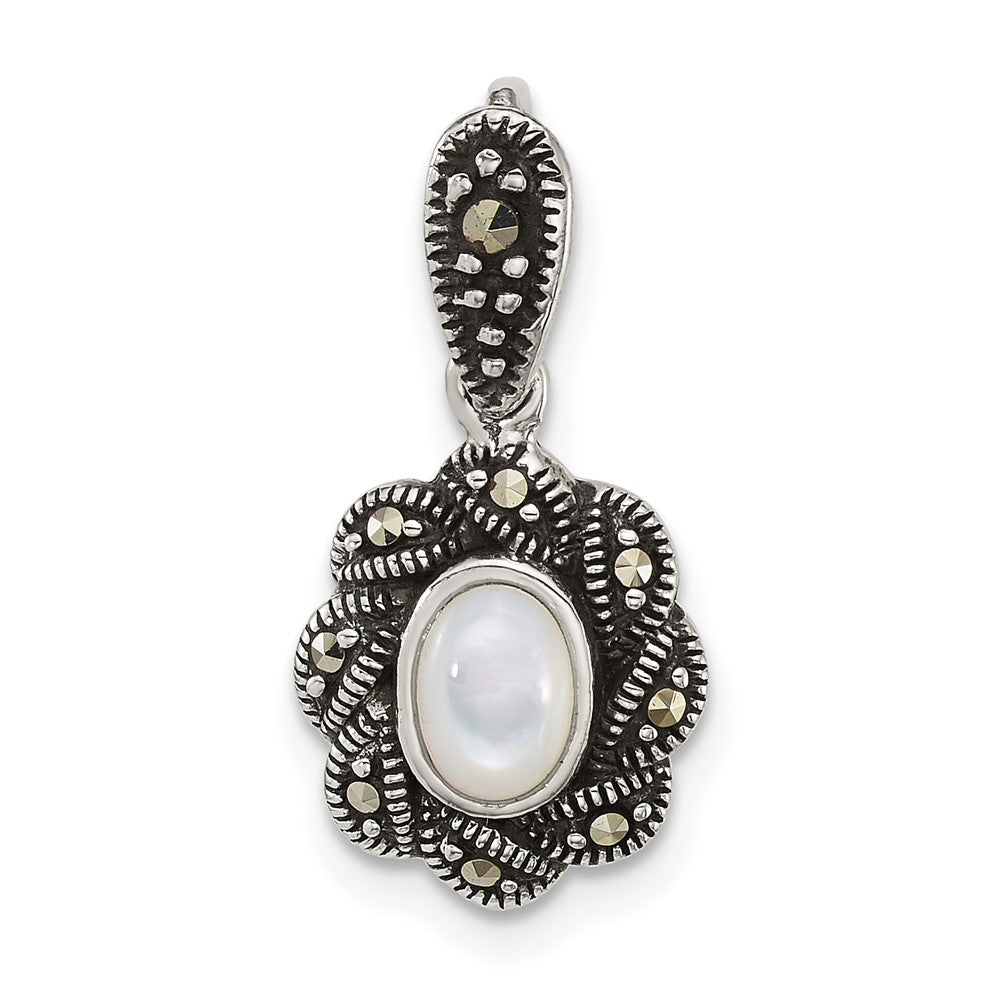Sterling Silver Antiqued Marcasite and Mop Oval Fancy Pendant