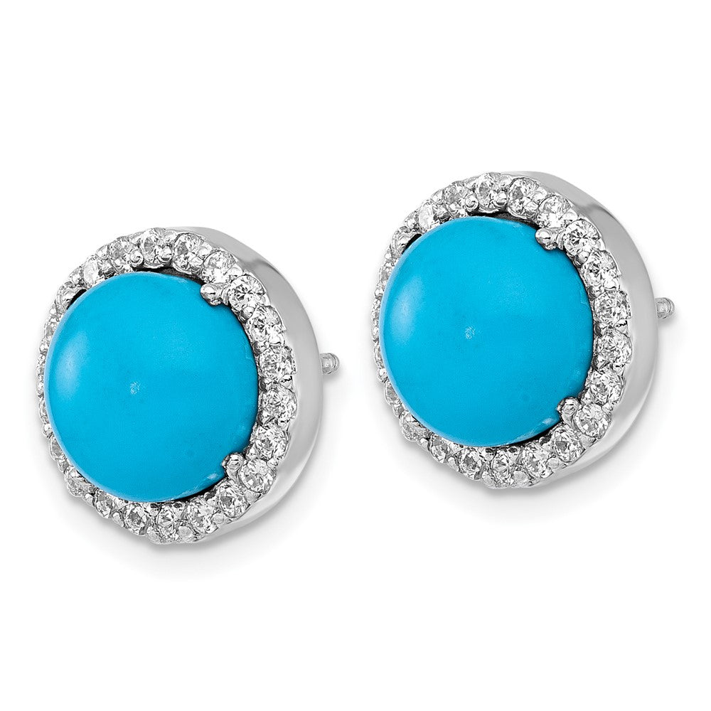 Sterling Silver Rh-Plt CZ and Reconstituted Turquoise Circle Post Earrings