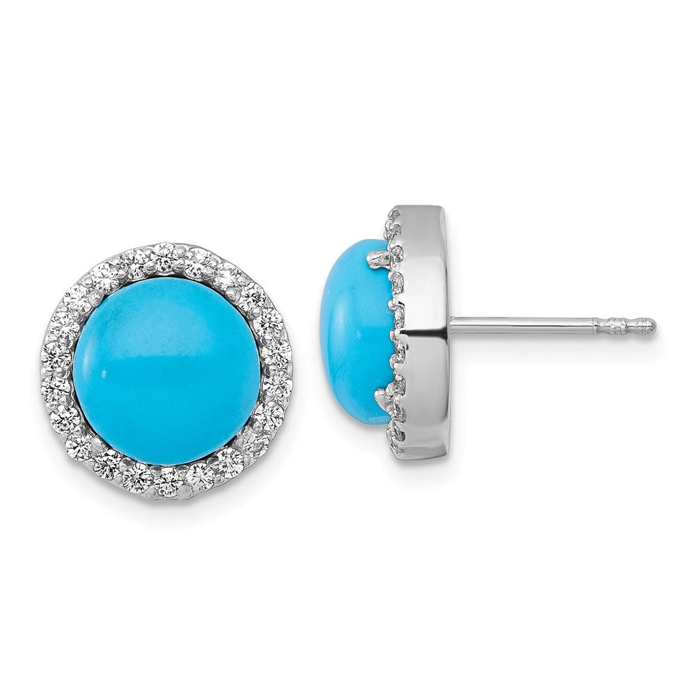 Sterling Silver Rh-Plt CZ and Reconstituted Turquoise Circle Post Earrings