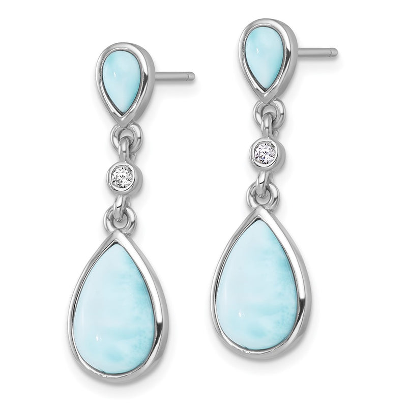 Sterling Silver Rhodium Plated Larimar and CZ Teardrop Post Dangle Earrings