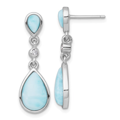 Sterling Silver Rhodium Plated Larimar and CZ Teardrop Post Dangle Earrings
