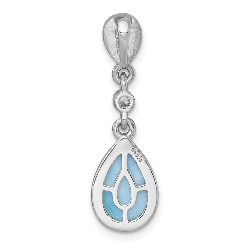 Sterling Silver Rhodium Plated Polished Larimar / CZ Teardrop Chain Slide Pendan