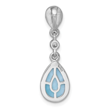 Sterling Silver Rhodium Plated Polished Larimar / CZ Teardrop Chain Slide Pendan