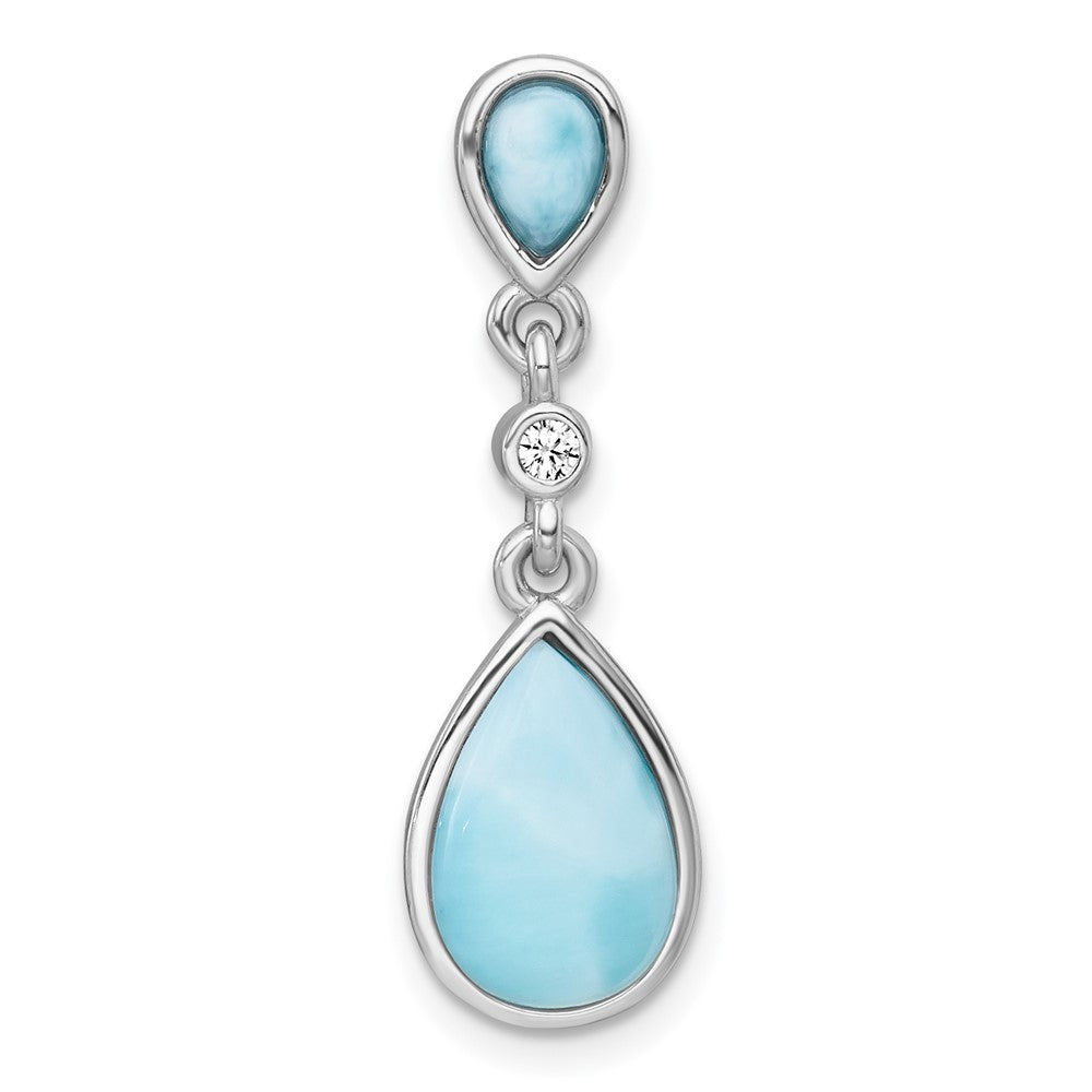 Sterling Silver Rhodium Plated Polished Larimar / CZ Teardrop Chain Slide Pendan