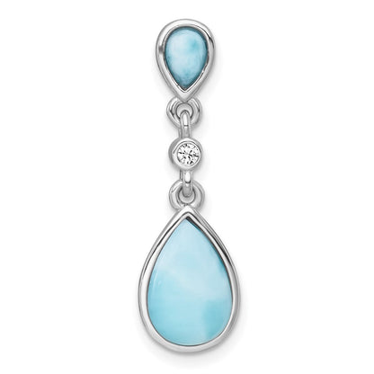 Sterling Silver Rhodium Plated Polished Larimar / CZ Teardrop Chain Slide Pendan