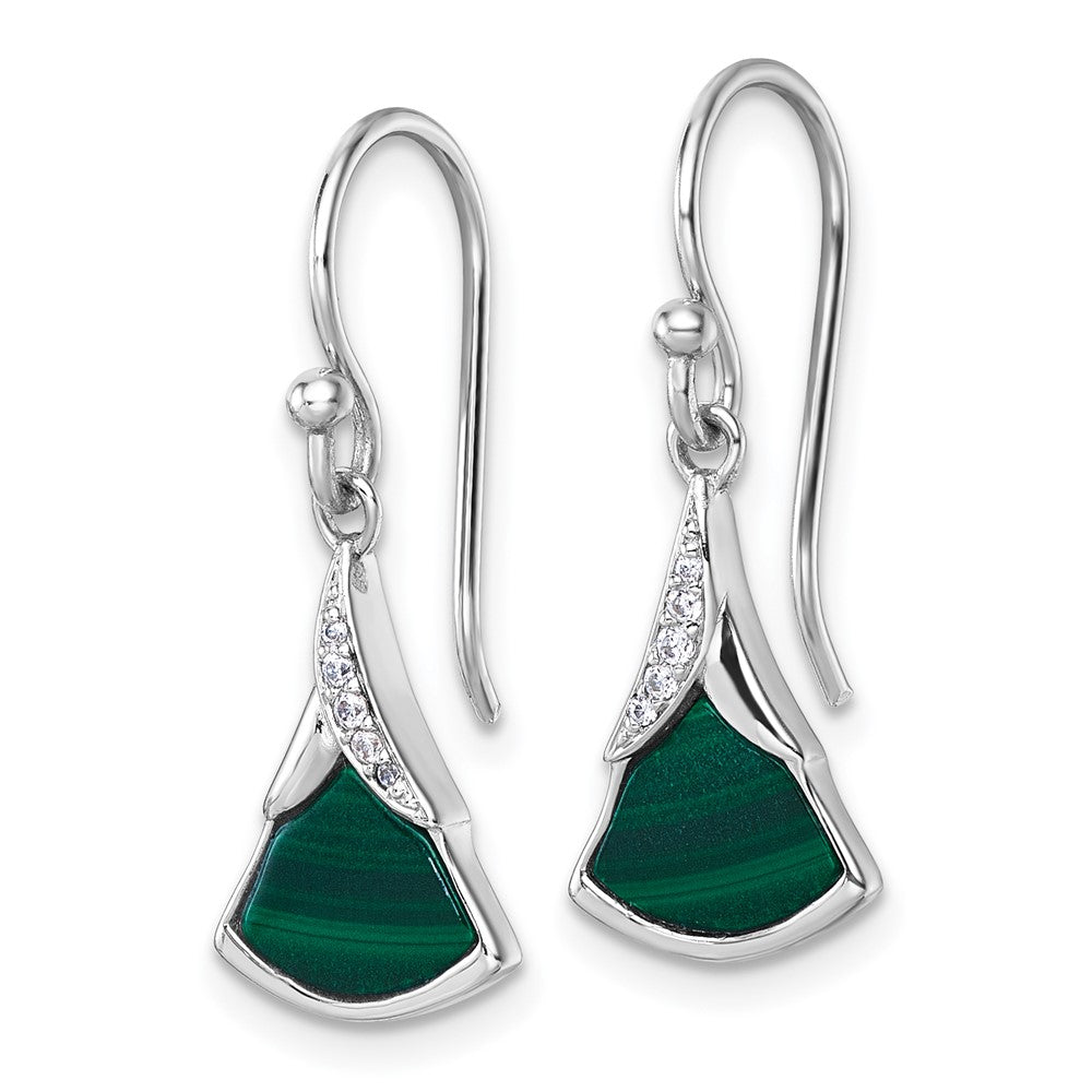 Sterling Silver Rhodium-Plated CZ and Malachite Dangle Earrings