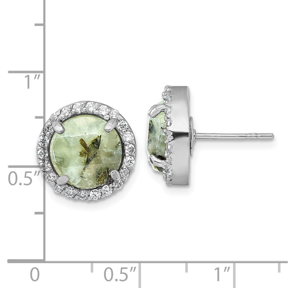Sterling Silver Rhodium-Plated Polished CZ and Prehnite Circle Post Earring