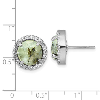 Sterling Silver Rhodium-Plated Polished CZ and Prehnite Circle Post Earring