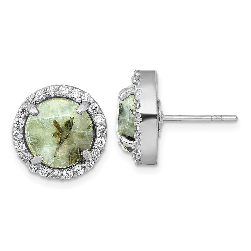 Sterling Silver Rhodium-Plated Polished CZ and Prehnite Circle Post Earring