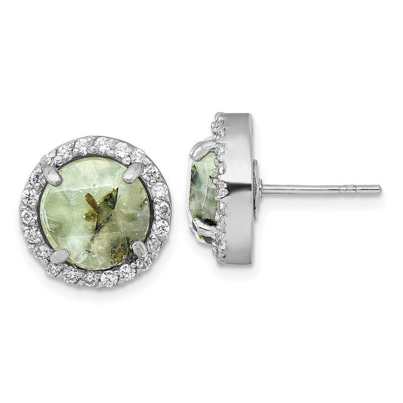 Sterling Silver Rhodium-Plated Polished CZ and Prehnite Circle Post Earring