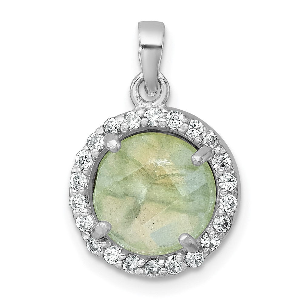 Sterling Silver Rhodium-Plated Polished CZ and Prehnite Circle Pendant