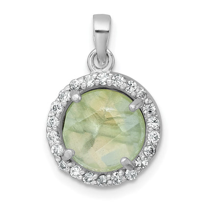 Sterling Silver Rhodium-Plated Polished CZ and Prehnite Circle Pendant