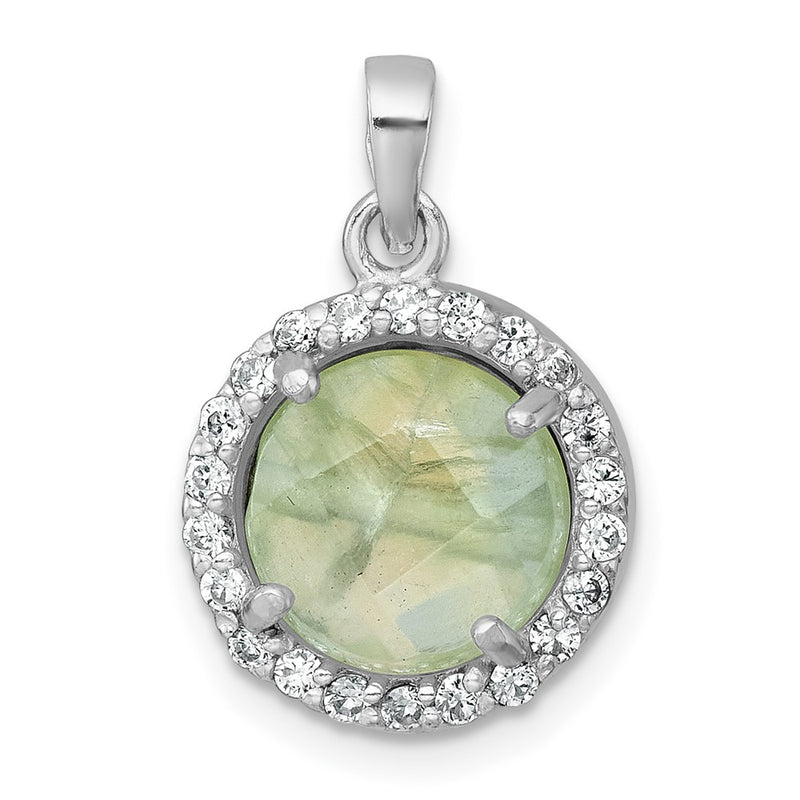 Sterling Silver Rhodium-Plated Polished CZ and Prehnite Circle Pendant