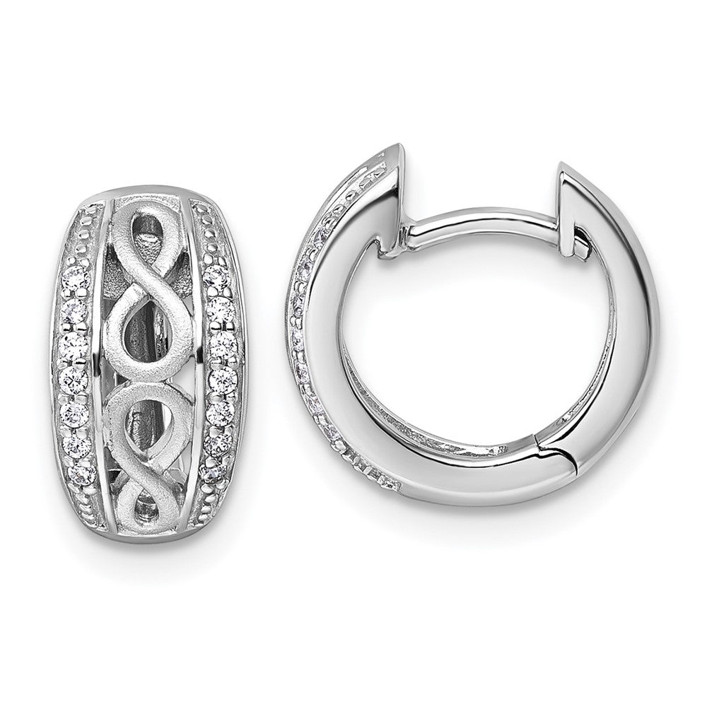 Sterling Silver Rh-Plt Polished and Satin CZ Infinity Hinged Hoop Earrings