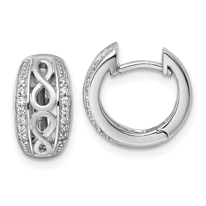 Sterling Silver Rh-Plt Polished and Satin CZ Infinity Hinged Hoop Earrings