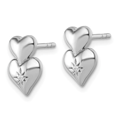 Sterling Silver Rhodium-Plated CZ Double Heart Post Earrings