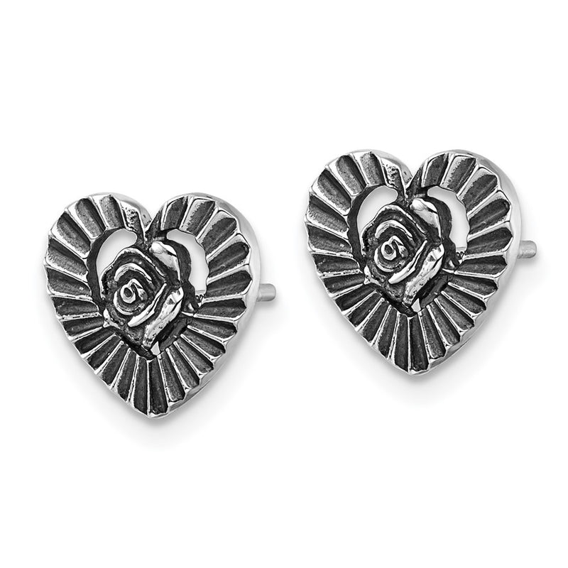 Sterling Silver Antiqued Polished Heart with Flower Post Earrings
