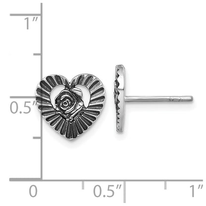 Sterling Silver Antiqued Polished Heart with Flower Post Earrings