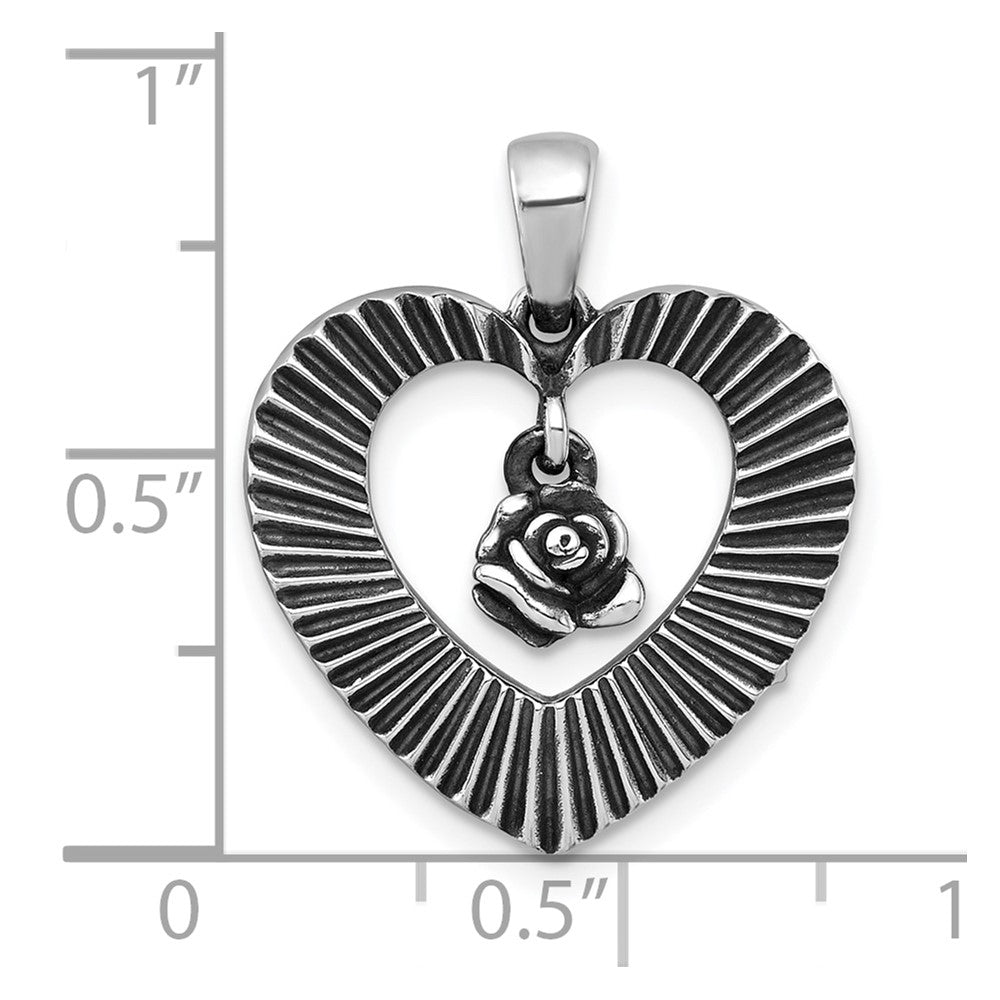 Sterling Silver Antiqued Polished Heart with Flower Pendant