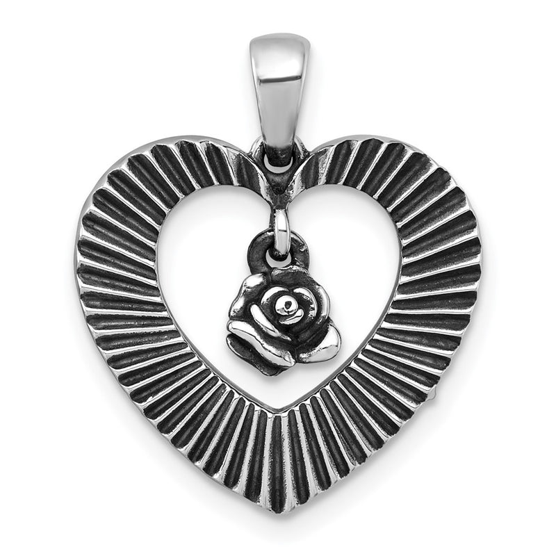 Sterling Silver Antiqued Polished Heart with Flower Pendant