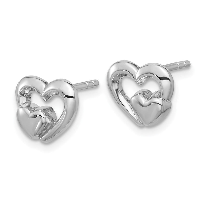 Sterling Silver Rhodium-Plated Polished Heart Inside Heart Post Earrings