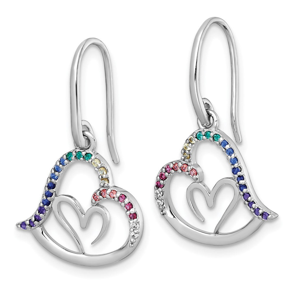 Sterling Silver Rh-Pl Multi Color Nano Crystal Heart Dangle Shepherd Hook Earrings