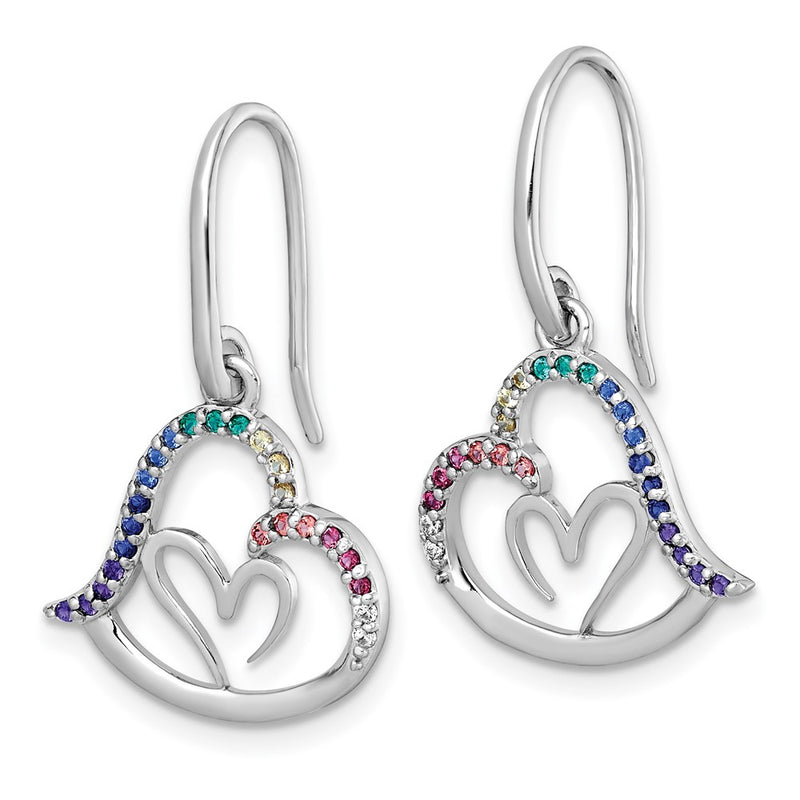 Sterling Silver Rh-Pl Multi Color Nano Crystal Heart Dangle Shepherd Hook Earrings