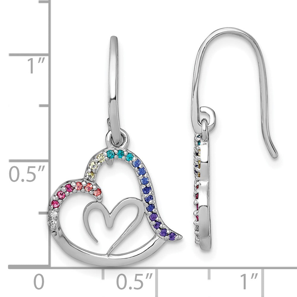 Sterling Silver Rh-Pl Multi Color Nano Crystal Heart Dangle Shepherd Hook Earrings