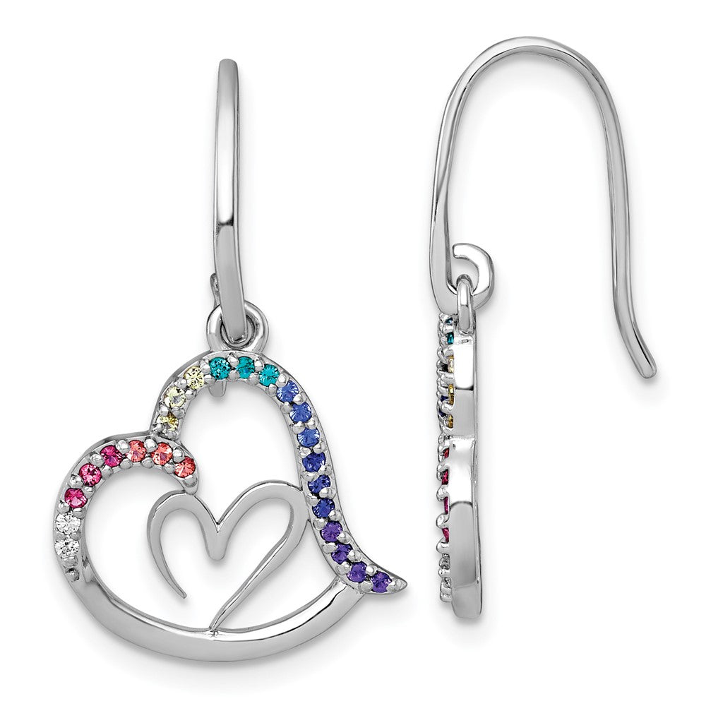 Sterling Silver Rh-Pl Multi Color Nano Crystal Heart Dangle Shepherd Hook Earrings
