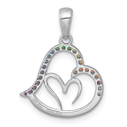 Sterling Silver Rhodium Plated Polished Multi Color Nano Crystals Heart Pendant
