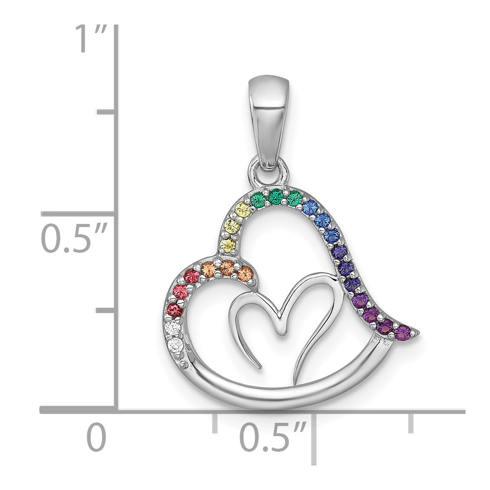 Sterling Silver Rhodium Plated Polished Multi Color Nano Crystals Heart Pendant