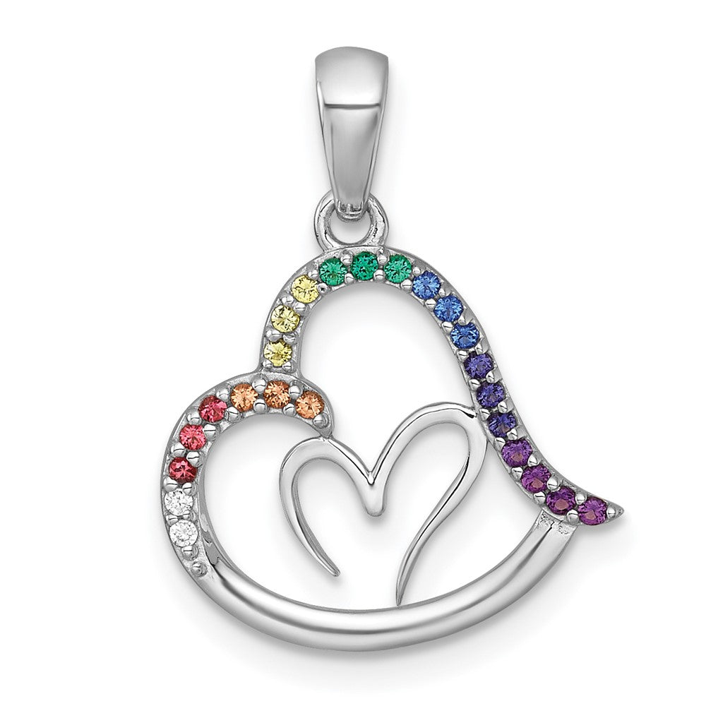Sterling Silver Rhodium Plated Polished Multi Color Nano Crystals Heart Pendant