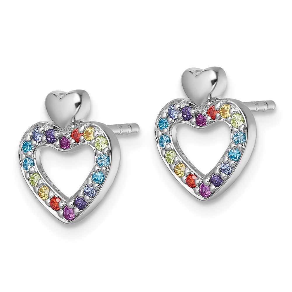 Sterling Silver Rhodium-Plated Multi Color CZ Heart Post Earrings