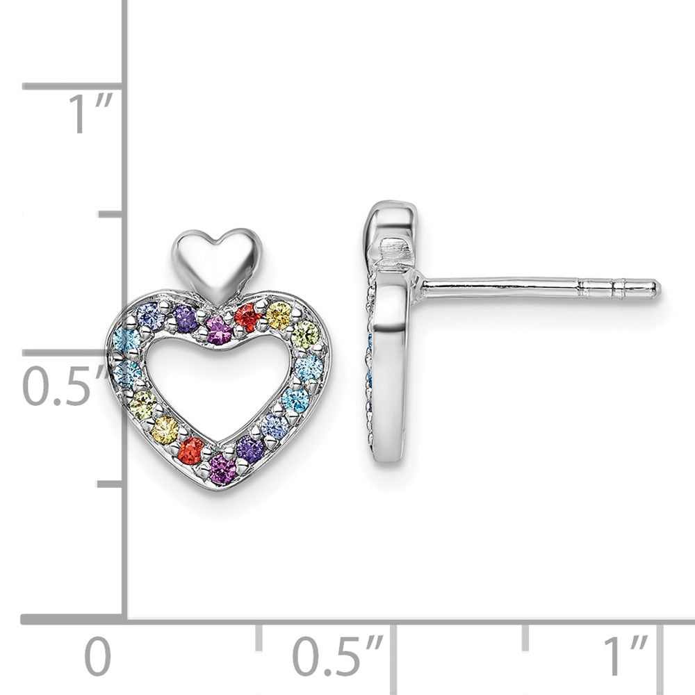 Sterling Silver Rhodium-Plated Multi Color CZ Heart Post Earrings