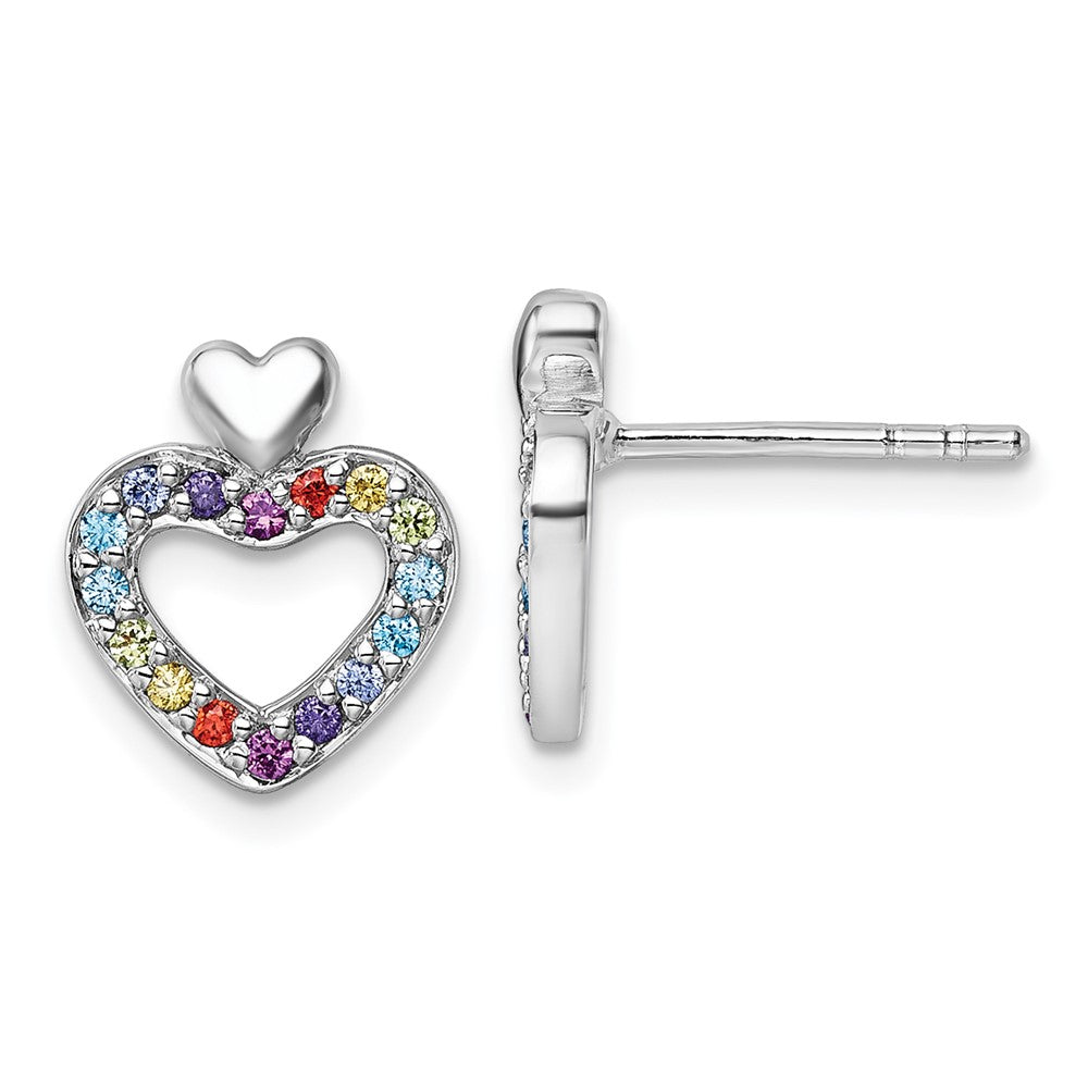 Sterling Silver Rhodium-Plated Multi Color CZ Heart Post Earrings
