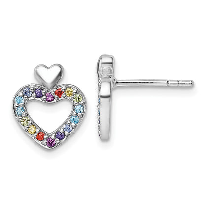 Sterling Silver Rhodium-Plated Multi Color CZ Heart Post Earrings