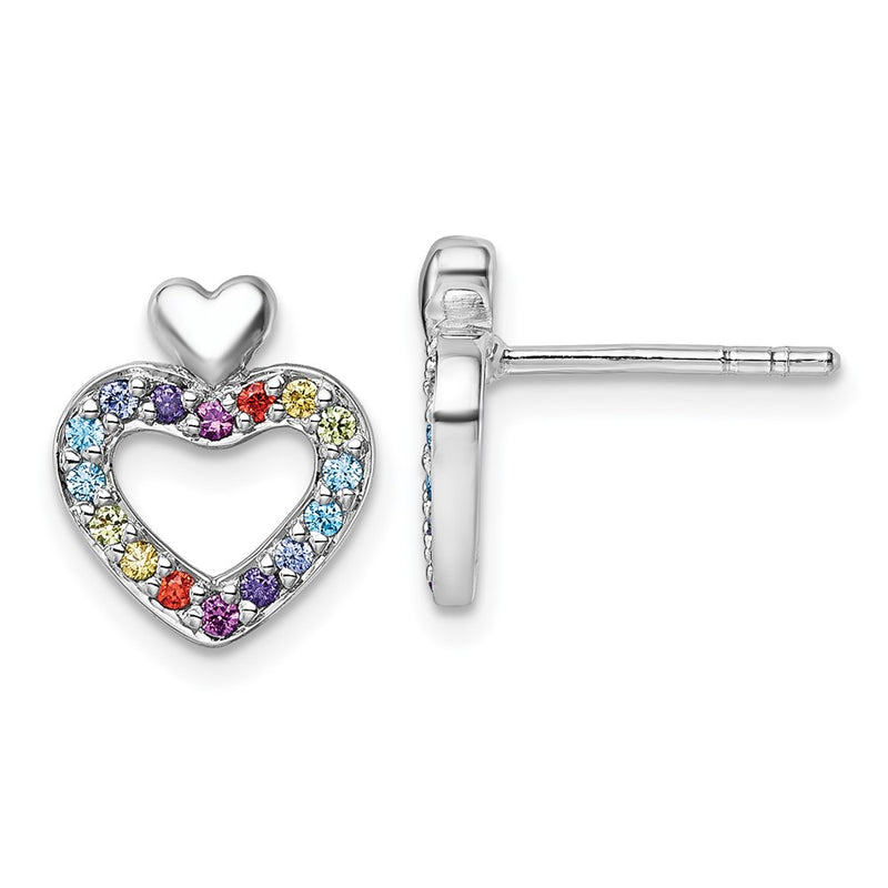 Sterling Silver Rhodium-Plated Multi Color CZ Heart Post Earrings