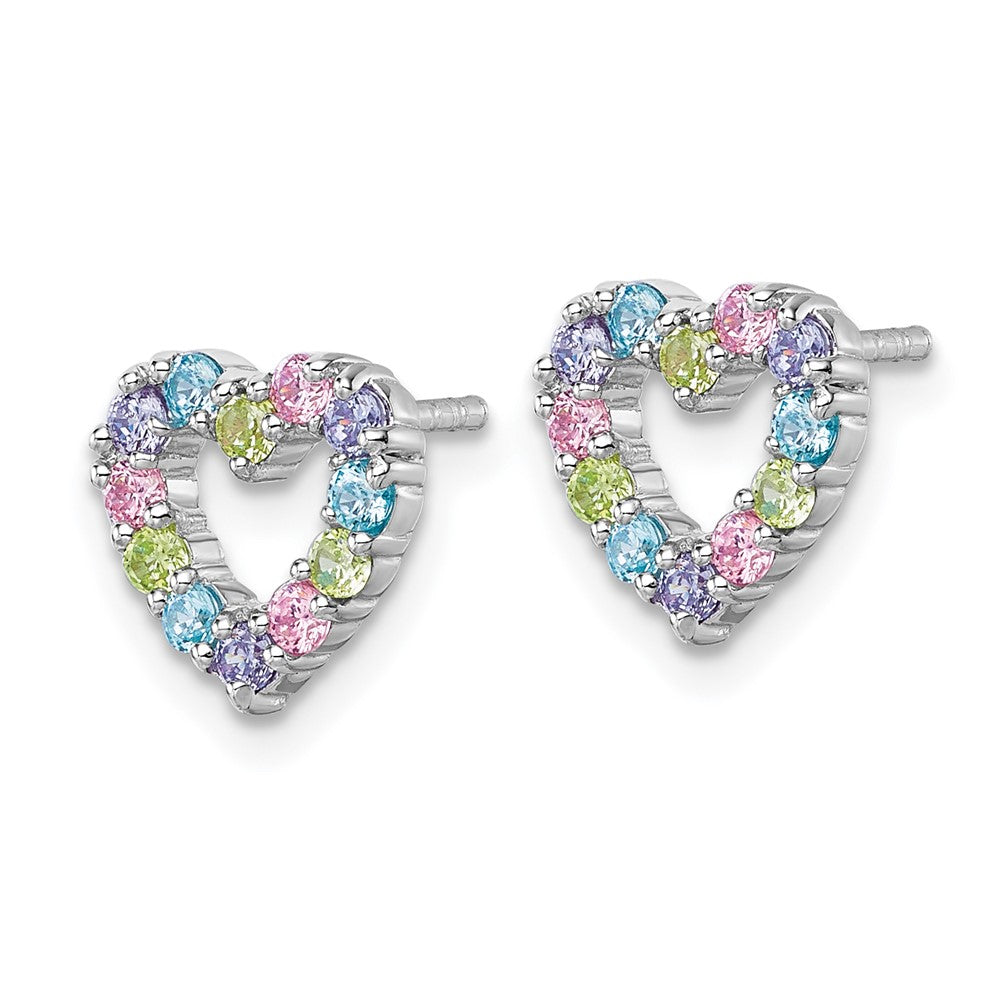 Sterling Silver Rhodium-Plated Multi Color CZ Heart Post Earrings