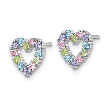 Sterling Silver Rhodium-Plated Multi Color CZ Heart Post Earrings