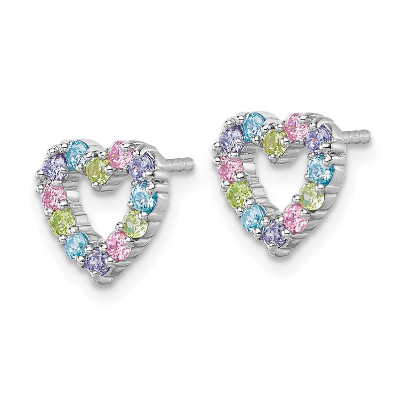 Sterling Silver Rhodium-Plated Multi Color CZ Heart Post Earrings